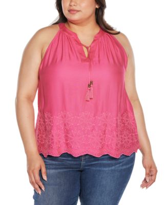 Belldini Black Label Plus Size Embroidered Hem Sleeveless Top