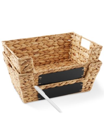 Casafield (Set of 2) Seagrass Pantry Baskets with Handles and Chalkboard Labels, Wide Woven Storage Baskets for Kitchen Shelves