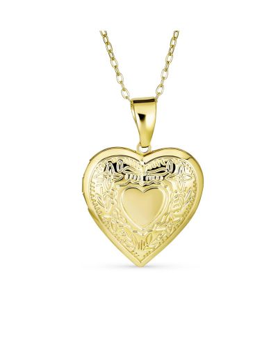 Bling Jewelry Vintage Style Leaf Etched Heart Photo Locket Necklace 18K Gold Plated