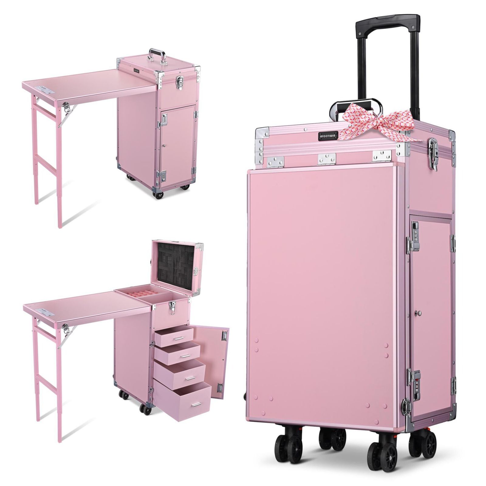 Byootique Nail Desk Mobile Station Rolling Makeup Train Case Manicure Table with Telescopic Handle, Pink