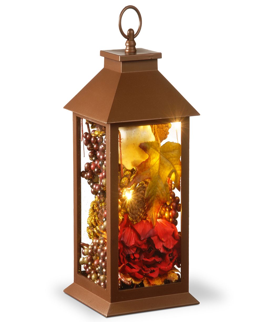 National Tree Company 12" Harvest Lantern with LED Lights, Filled with Pumpkins, Leaves, Flowers, Berry Clusters, 12 inches