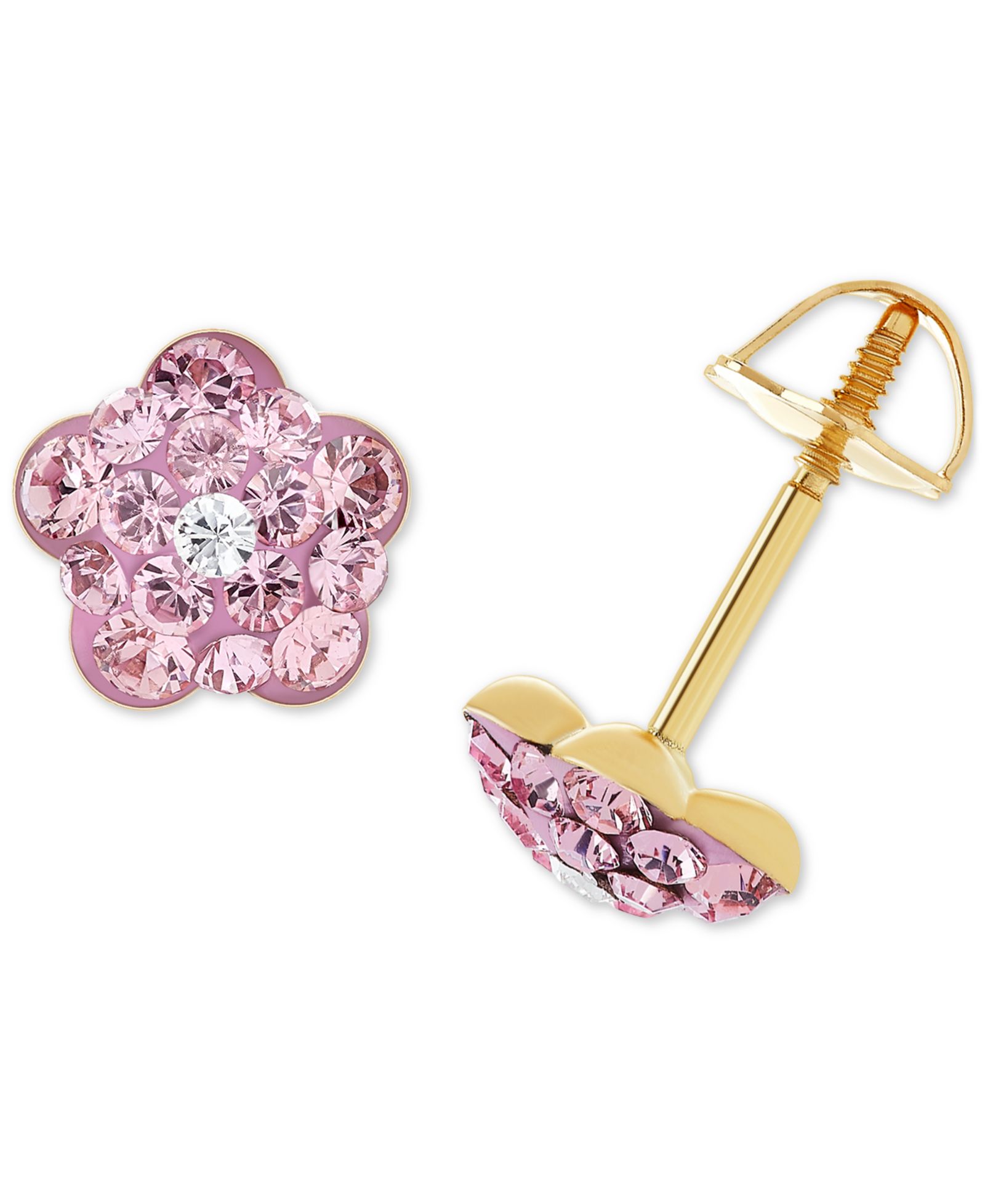Children's Pink Crystal Flower Stud Earrings in 14k Gold