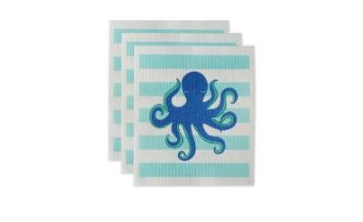 Design Imports Swedish Dishcloths for Kitchen Cleaning, Machine Washable Dishwasher Safe, 7.75 x 6.75", Octopus, 3 Piece