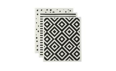 Design Imports Swedish Dishcloths for Kitchen Cleaning, Machine Washable Dishwasher Safe, 7.75 x 6.75", Black White, 3 Piece