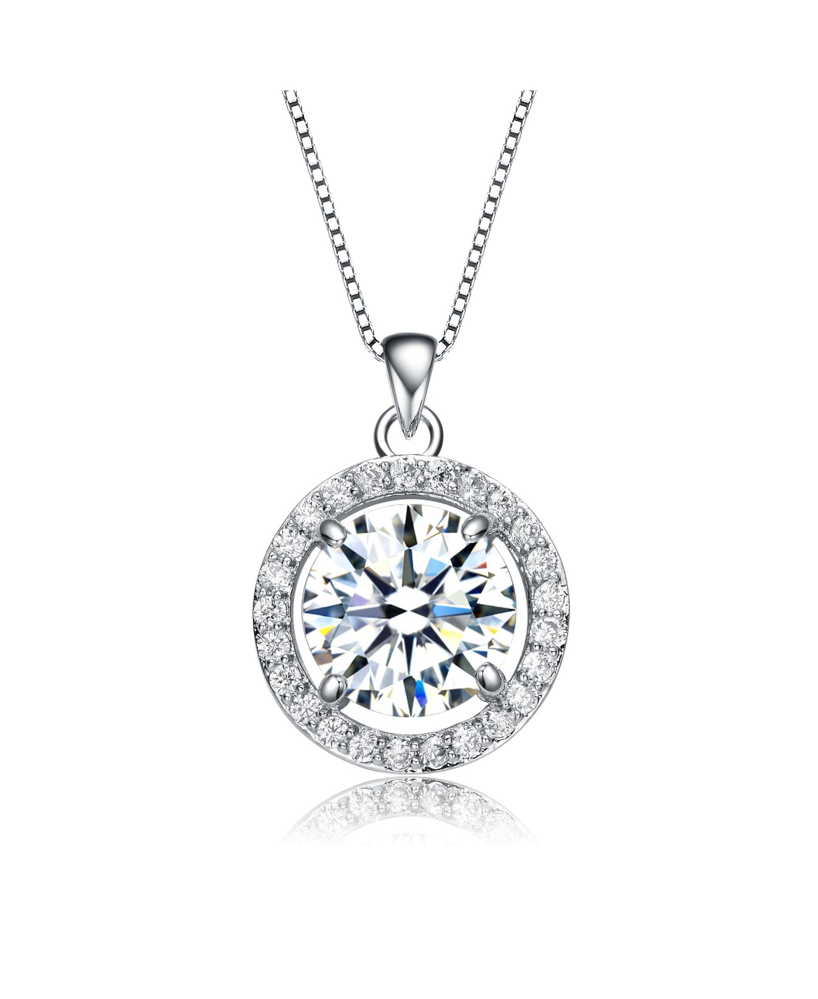 White Gold Plated with Cubic Zirconia Big Round Solitaire Halo Pendant Necklace