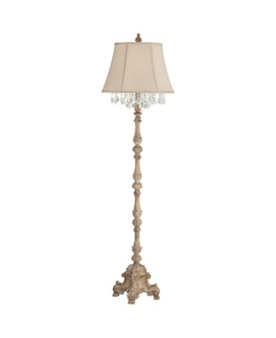Regency Hill Duval Country Cottage Floor Lamp 63 1/2" Tall Distressed Faux Wood Candlestick Crystal Glass Beading Cream Bell Shade for Living Room