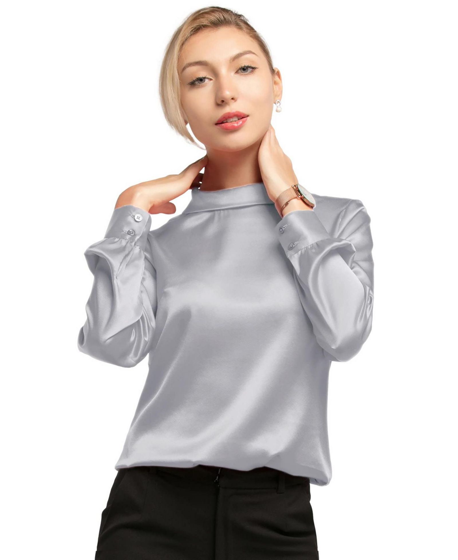 LILYSILK Women's Stand Collar Long Sleeves Silk Blouse