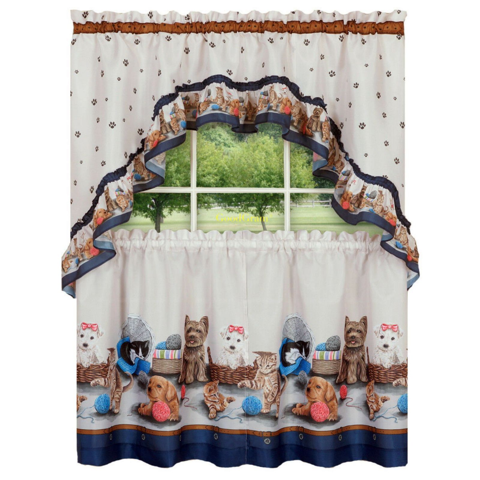 GoodGram Adorable Puppies & Kittens Kitchen Curtain Tier & Swag Set - 58 in. W x 24 in. L