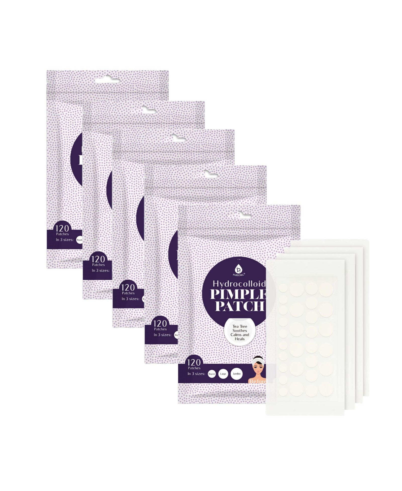 Гидроколлоидные патчи от прыщей Pursonic, 120 шт, Multi Size Acne Solution - 5 Pack