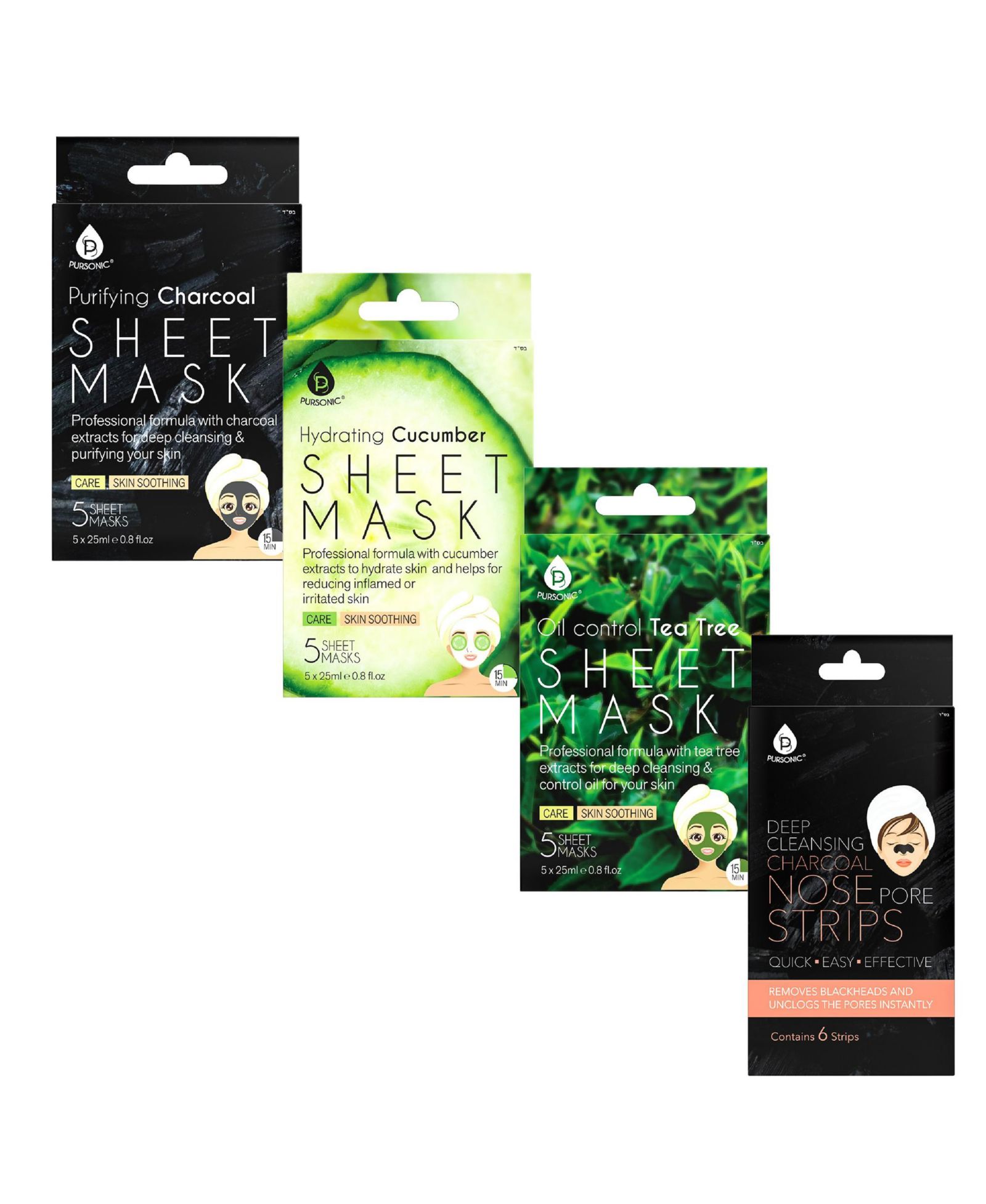 Complete Skincare Essentials: Charcoal, Tea Tree, Cucumber Sheet Masks & Cleansing Pore Strips