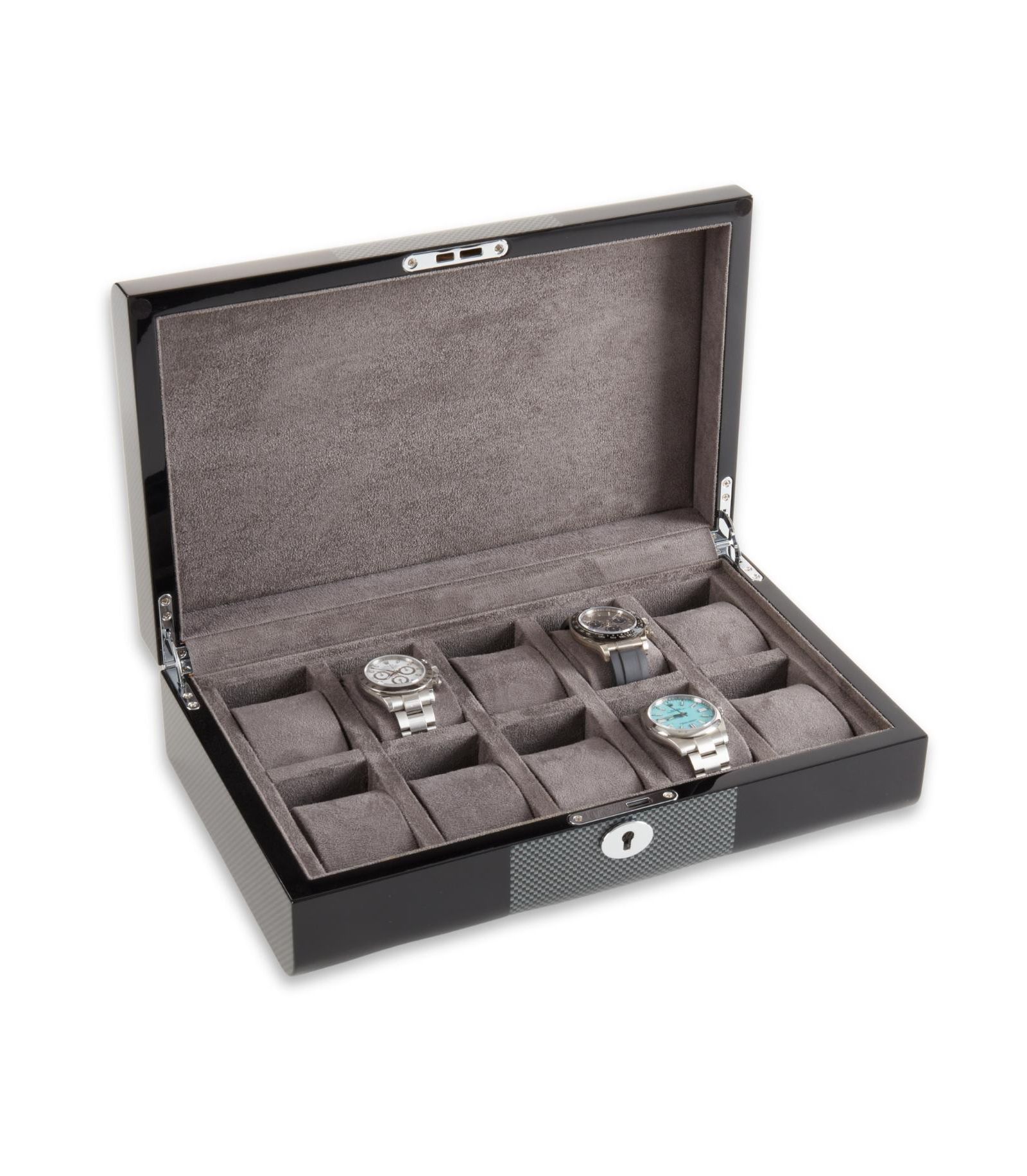 Bey-Berk Carbon Fiber Design Ten Watch Storage Case with Lock Closure