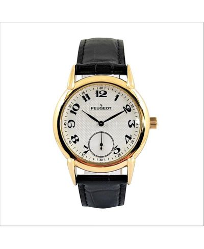 Peugeot Men’s Vintage 38mm Round Gold Plated Watch with Black Leather Band