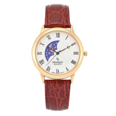 Мужские часы Peugeot 38mm с коричневым кожаным ремешком Sun-Moon