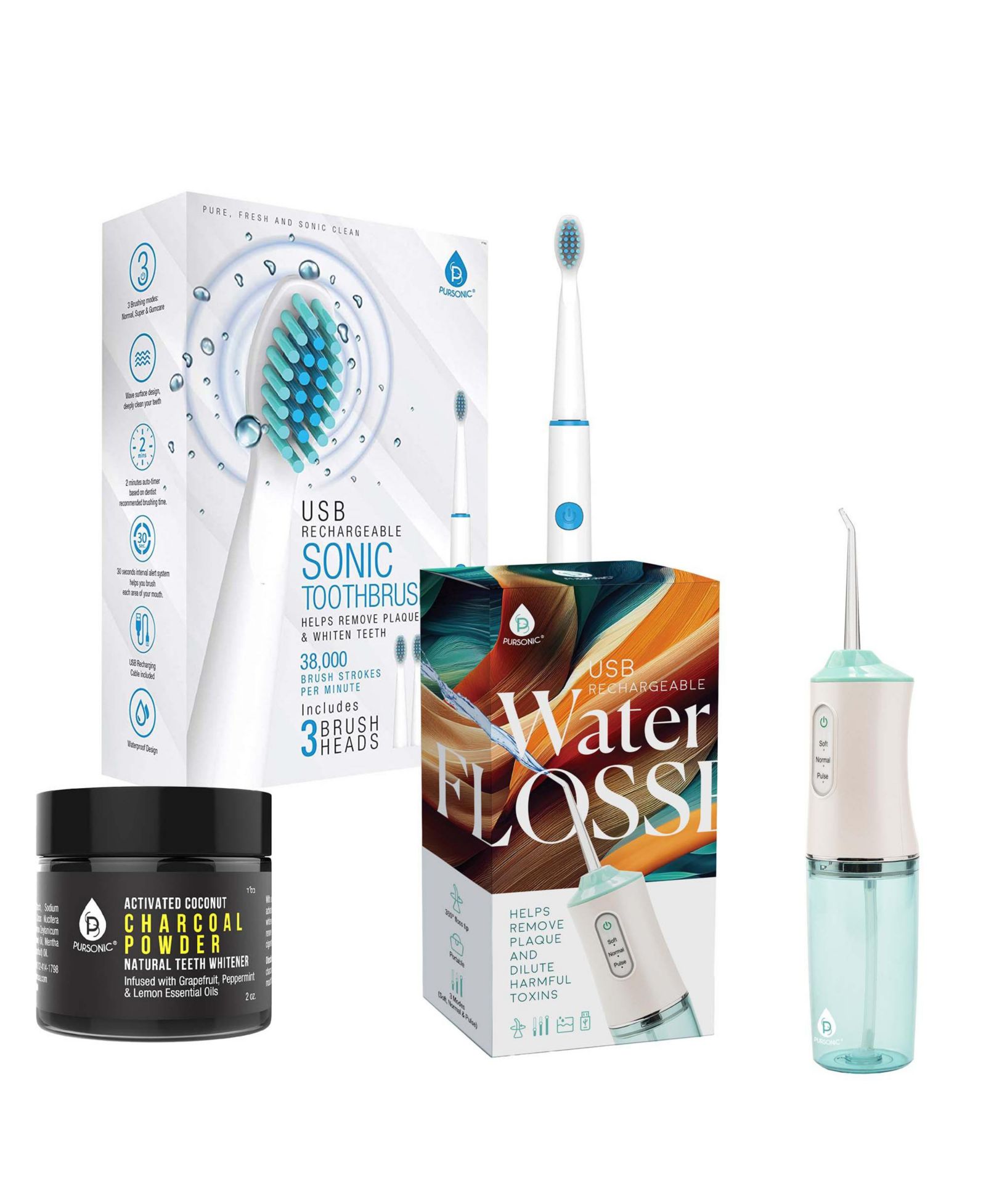 Pursonic Oral Care Power Bundle: USB Rechargeable Water Flosser,  Electric Toothbrush, and Charcoal Teeth Whitener