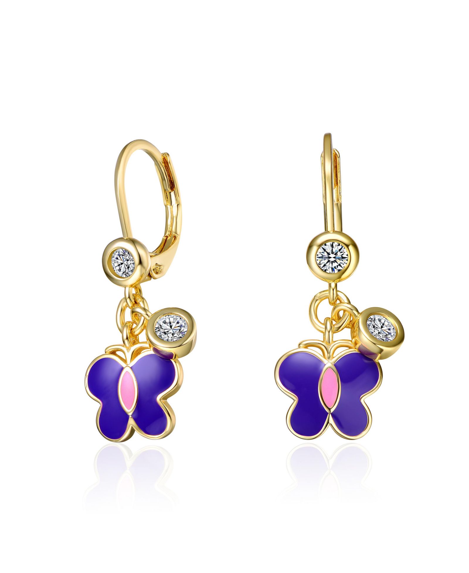 GiGiGirl Kids 14k Gold Plated CZ Purple Enamel Butterfly Earrings