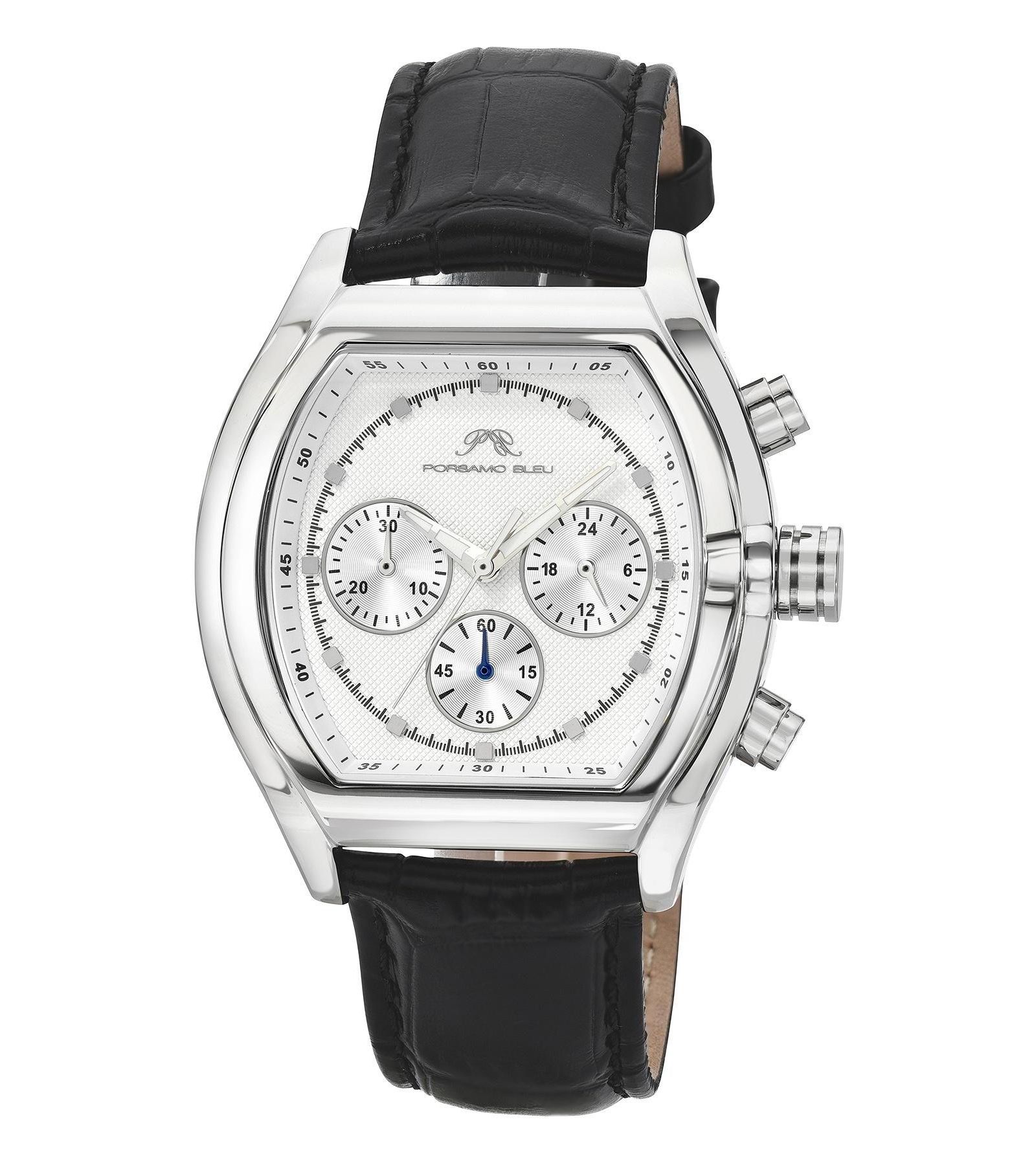 Porsamo Bleu Men's Roman Chronograph Black Genuine Leather Band Watch 42 mm