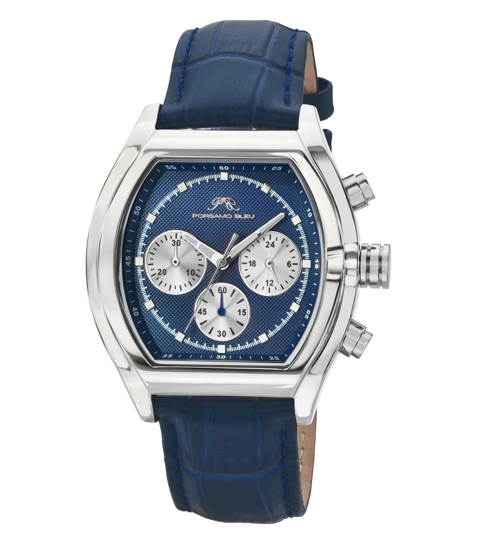 Porsamo Bleu Men's Roman Chronograph Blue Genuine Leather Band Blue Dial Watch 42 mm