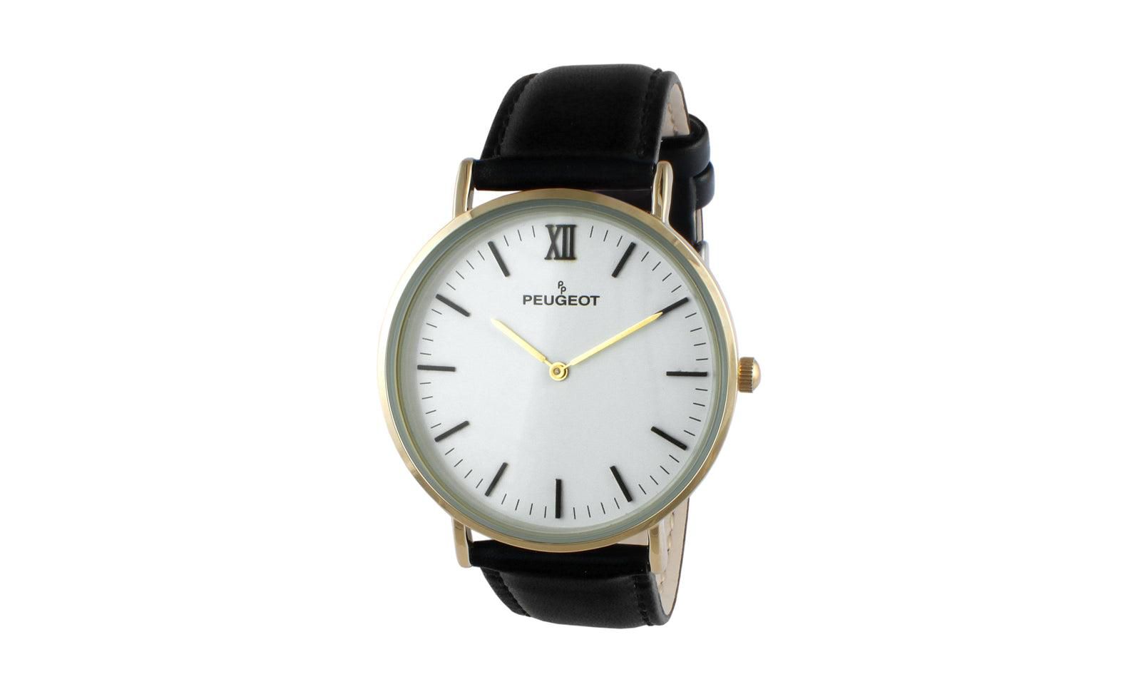 Peugeot Men's White Dial Super Slim Watch with Black Leather Band