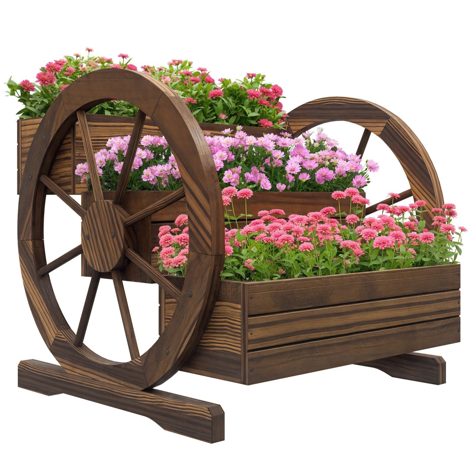 Outsunny Wooden Wagon Planter Box, Decorative 3-Tier Stair Step Garden Bed