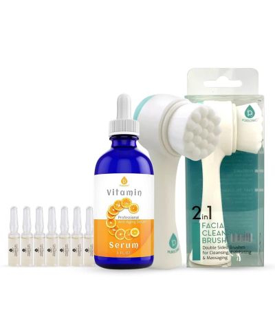 Pursonic Anti-Aging-Exfoliation Set With Vitamin-C Serum, 100% Hyaluronic Acid Treatment Serum & Dual Sided Facial Brush.