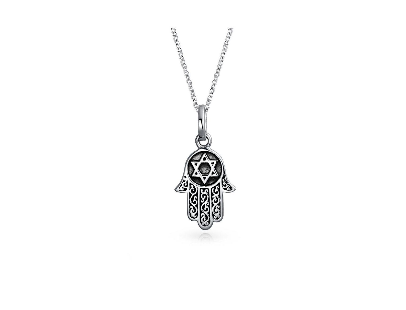 Bling Jewelry Black Hamsa Hand of God Star of David Pendant Necklace .925 Sterling Silver
