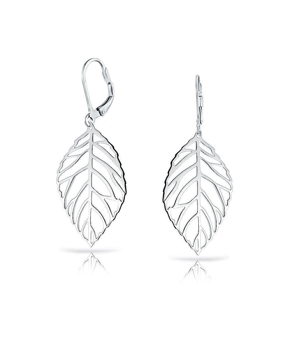Bling Jewelry Boho Cut-Out Leaf Dangle Earrings Sterling Silver Lever Back Lightweight