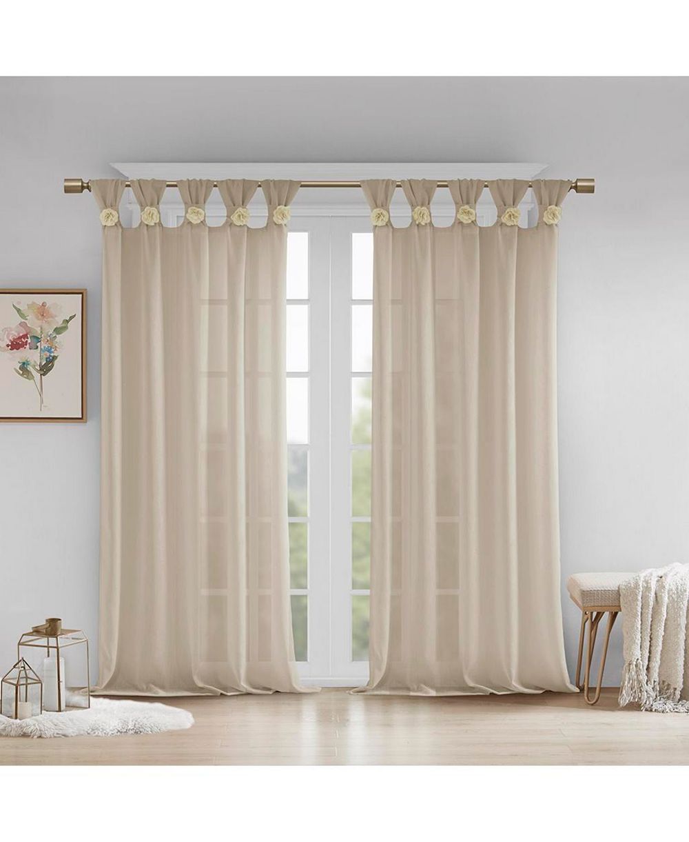 Rosette Floral Embellished Cuff Tab Top Solid Curtain Panel, 50"W x 95"L