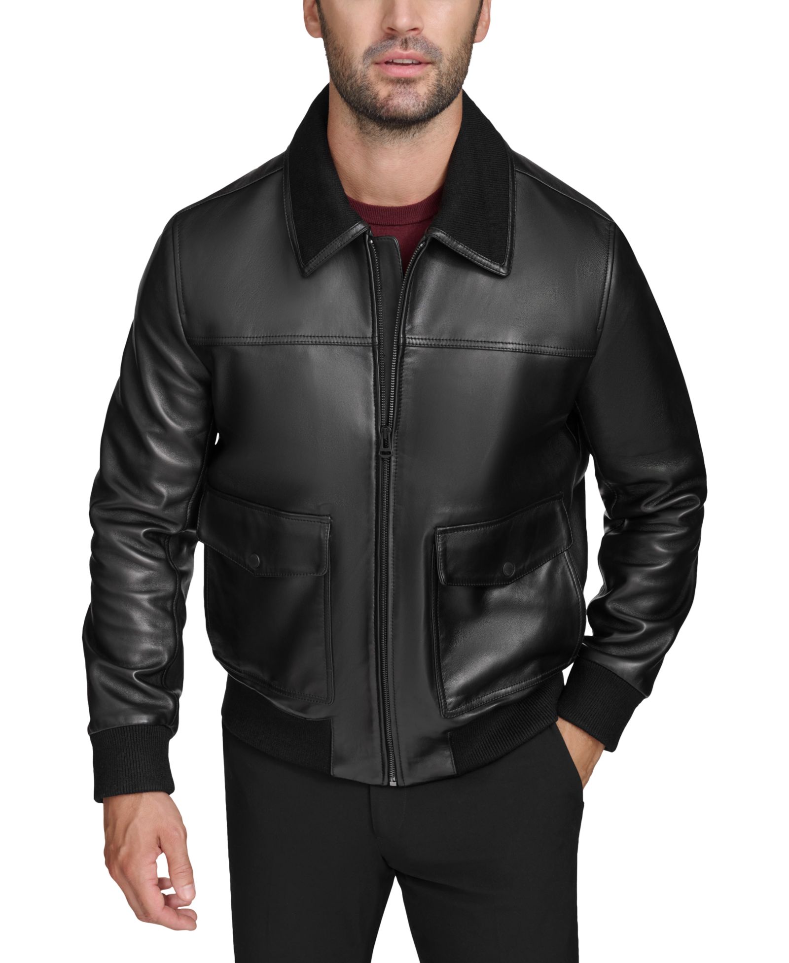 Cole Haan Men's Full-Zip Genuine Leather Bomber Jacket
