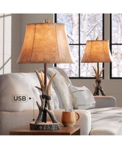 John Timberland 27 1/2" Tall Set of 2 Natural Antler Boone Rustic Western Table Lamps with USB Charging Port Bell Shade
