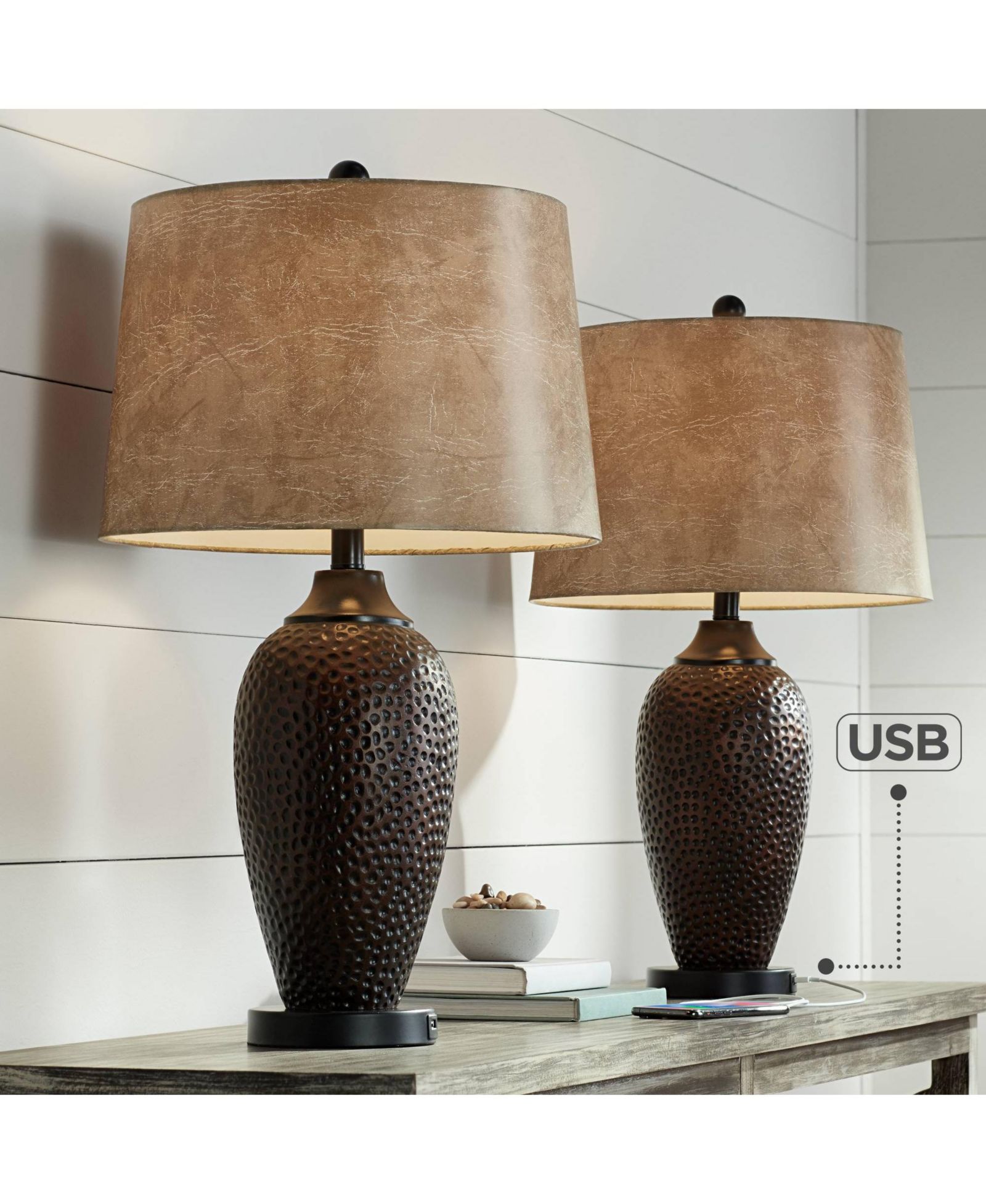 Franklin Iron Works Kaly Rustic Industrial Table Lamps 25" High Set of 2 Hammered with USB Charging Port Faux Leather Drum Shade for Desk