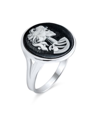 Bling Jewelry Goth Punk Black White Female Skelton Skull Cameo Ring .925 Sterling Silver