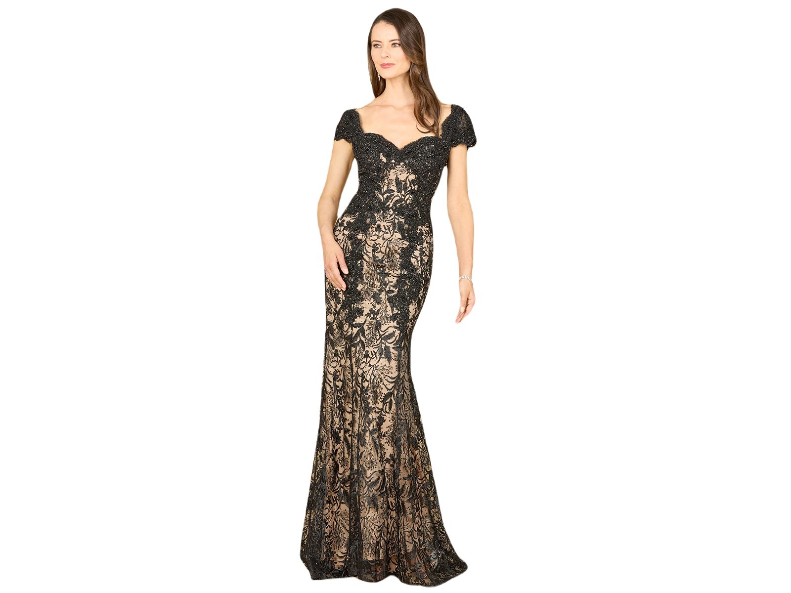 Lara Women's Long Bell Sleeve V-Neck Beaded Gown