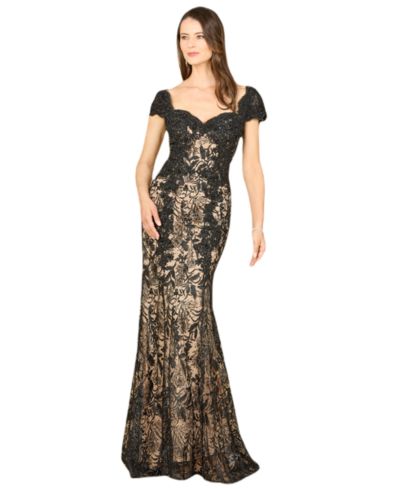 Lara Women's Long Bell Sleeve V-Neck Beaded Gown
