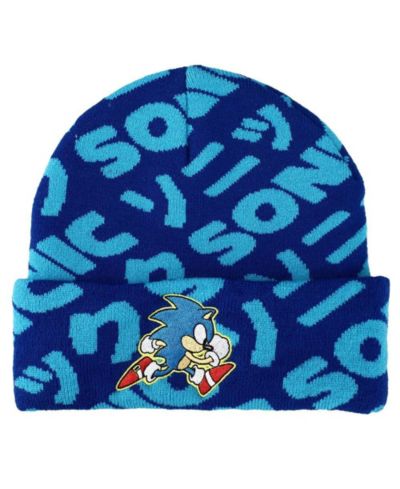 Sonic The Hedgehog Men's Sonic Flat Embroidery Blue AOP Jacquard Acrylic Knit Beanie