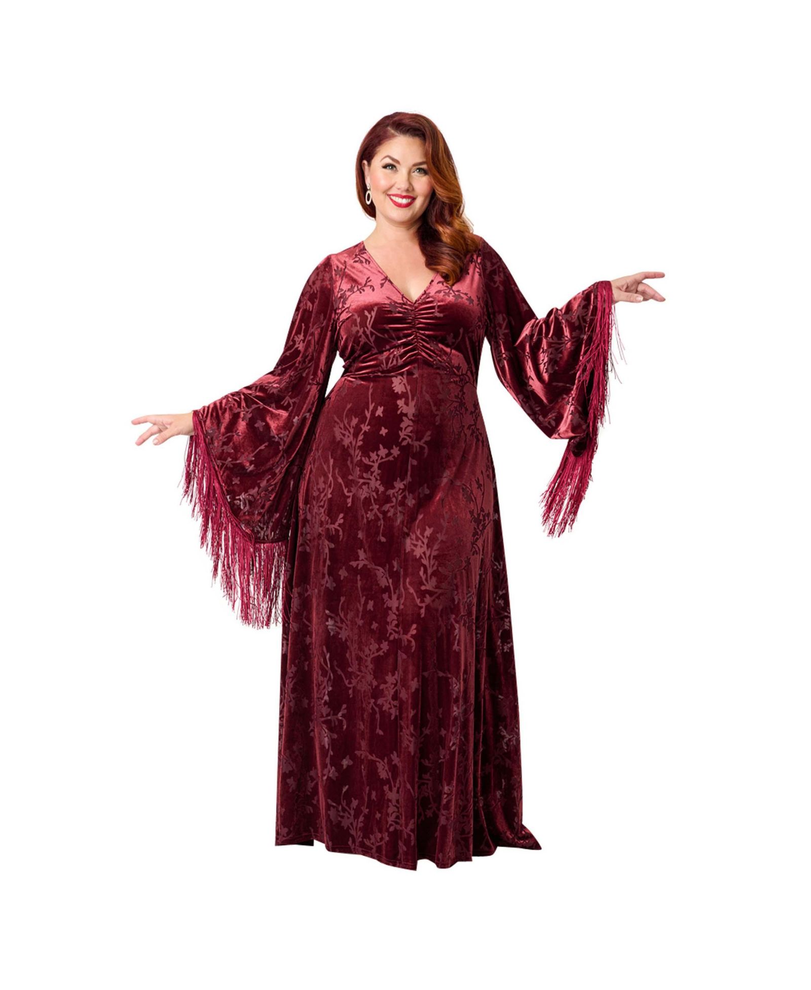 Smak Parlour Women's Plus Size Fringed Long Bell Sleeved Ruched Maxi Dress