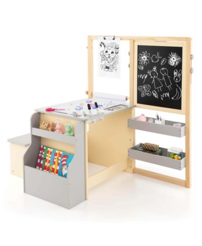 Costway Ages 3+ Double-Sided Adjustable Storage Kids Art Center Wooden Table Bench Set