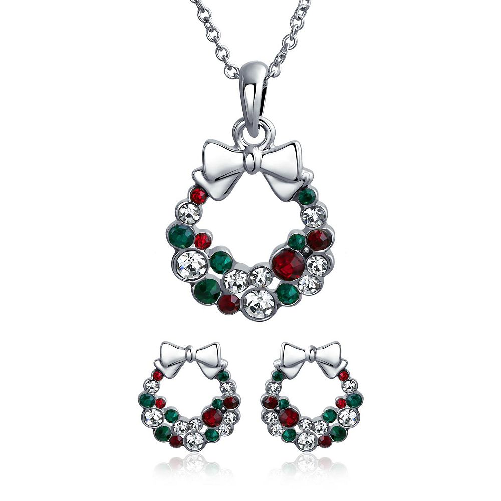 Bling Jewelry Christmas Bow Crystal Wreath Necklace Earrings Jewelry Set Silver Plated