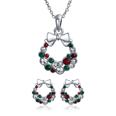 Рождественский набор украшений Bling Jewelry: ожерелье и серьги с бантом и кристаллами, посеребренные