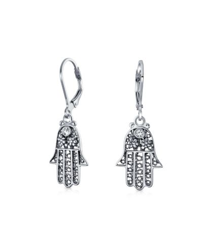 Bling Jewelry Amulet Hamsa Hand Dangle Earrings Oxidized .925 Sterling Silver Lever Back