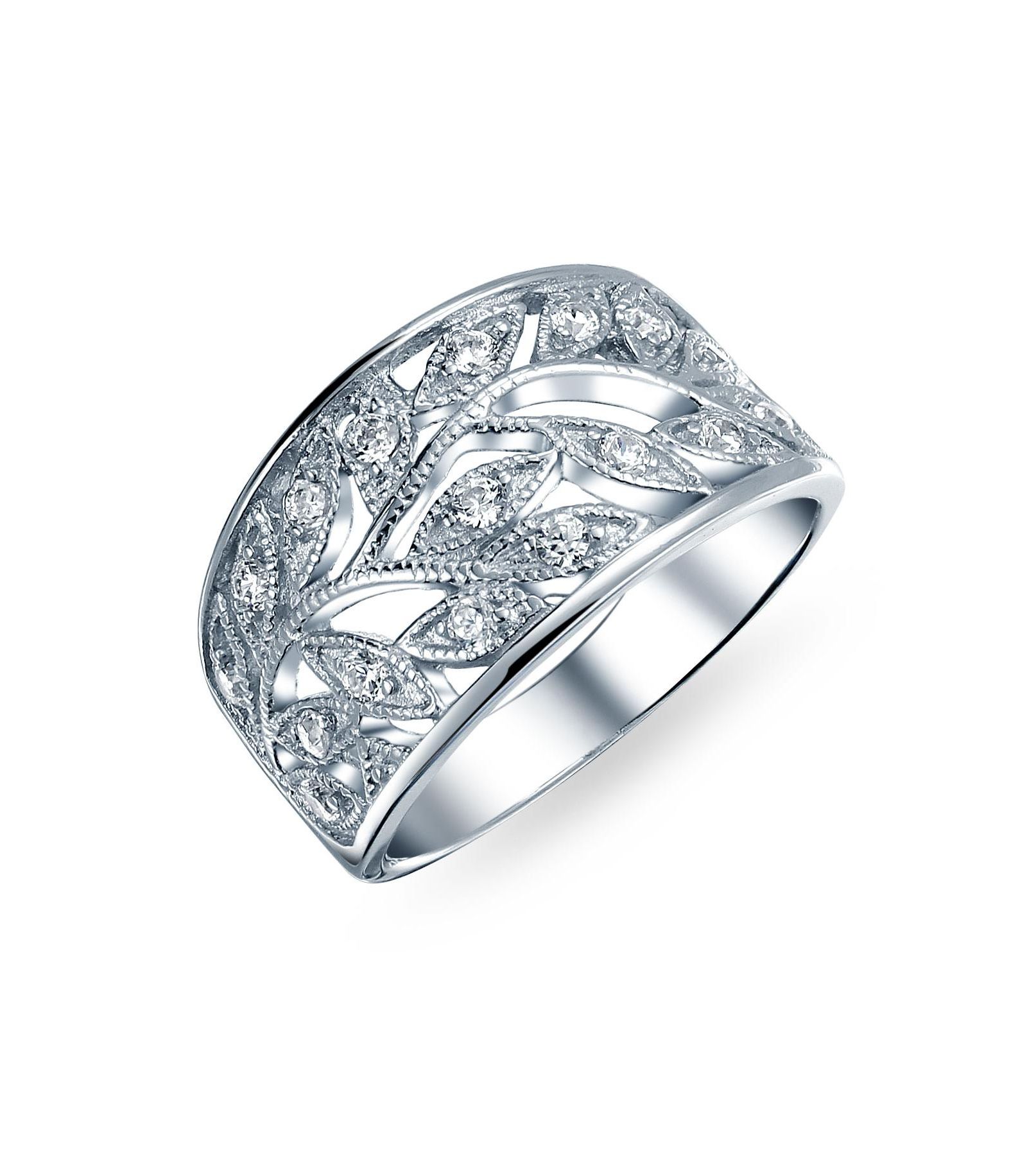 Bling Jewelry Nature Leaves Leaf Ring Filigree Wide Pave CZ .925 Sterling Silver