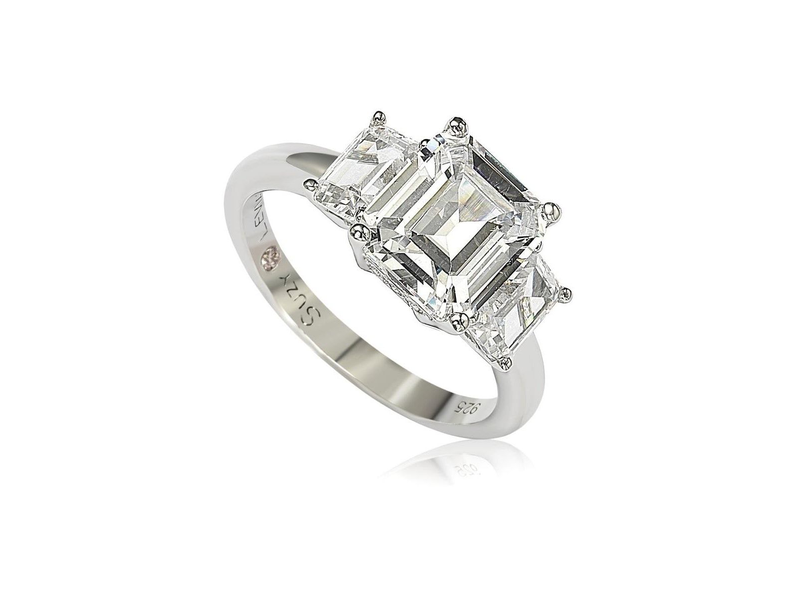 Кольцо Suzy Levian Sterling Silver Cubic Zirconia Emerald Cut 3.50cttw 3-Stone Center Stone