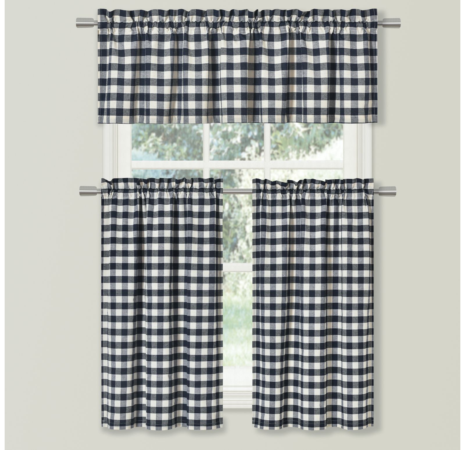 Kate Aurora Country Farmhouse Plaid Checkered Gingham 3 Pc Kitchen Curtain Tier and Valance Set