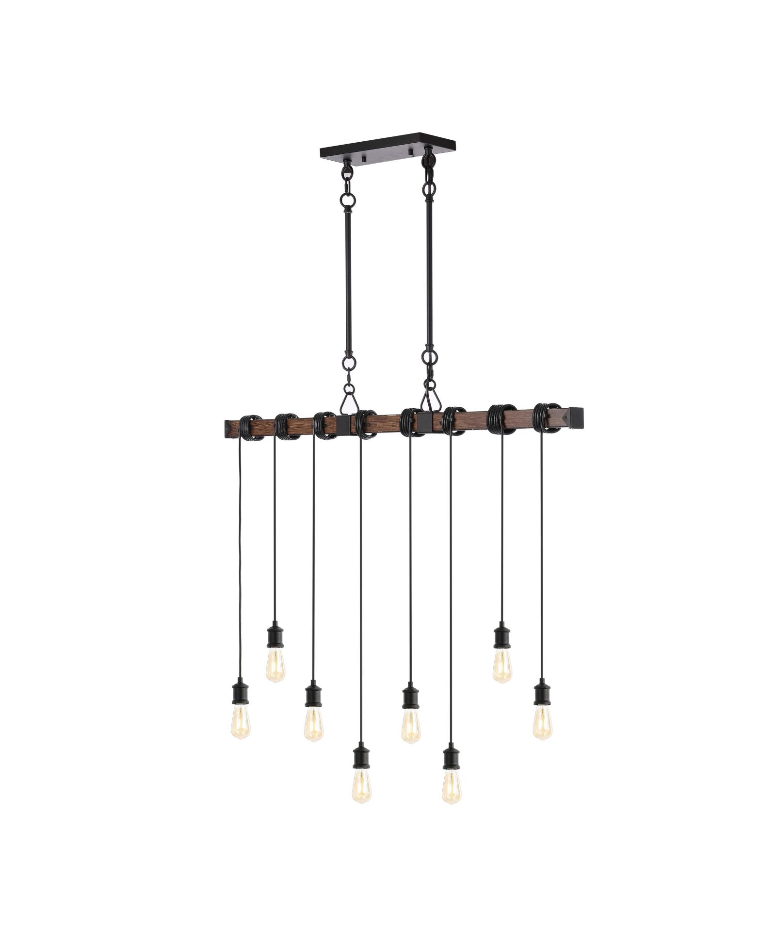 Rhys 40" 8-Light Vintage Industrial Driftwood Iron LED Linear Chandelier with Height Adjustable Bulbs, Brown Wood Finish/Black