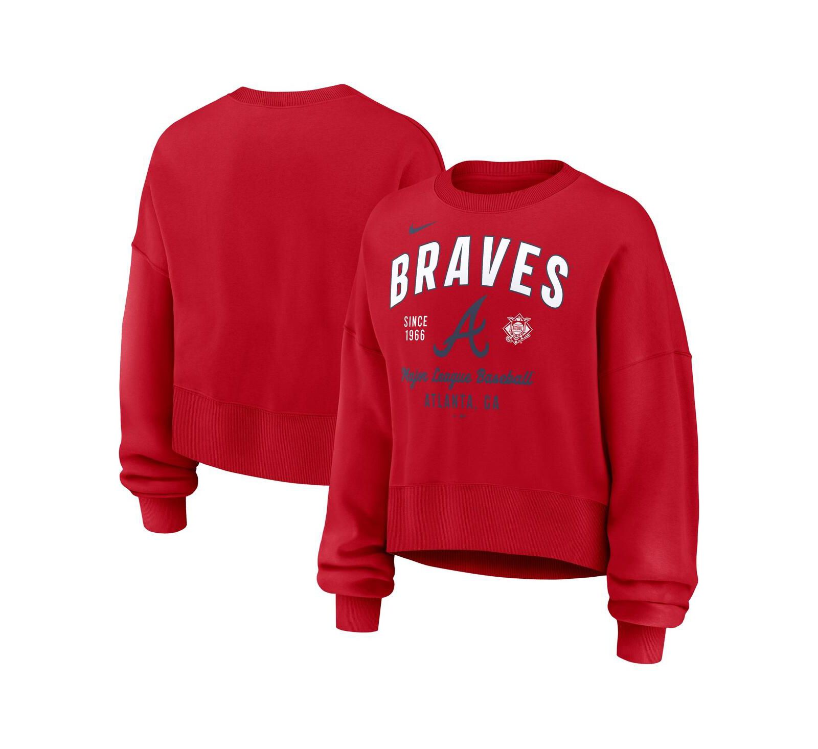 Nike Women's Red Atlanta Braves Oversized Long Sleeve Cropped Pullover Sweatshirt