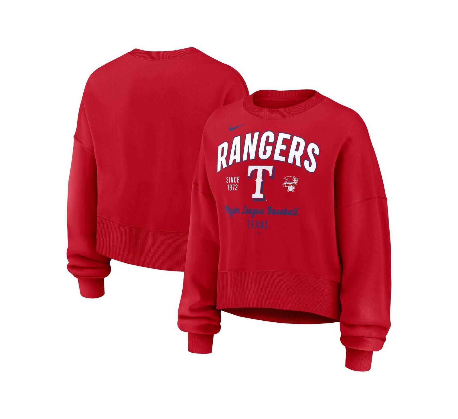 Nike Women's Red Texas Rangers Oversized Long Sleeve Cropped Pullover Sweatshirt