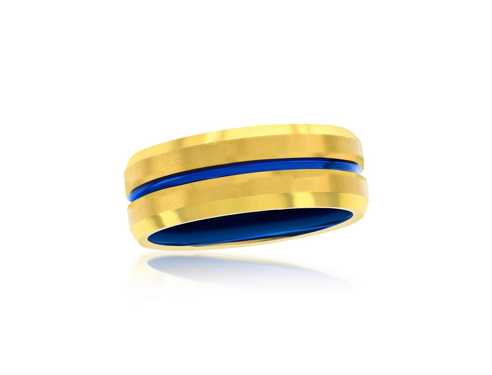 Metallo Gold & Blue Stripe Tungsten Ring - Matte & Polished