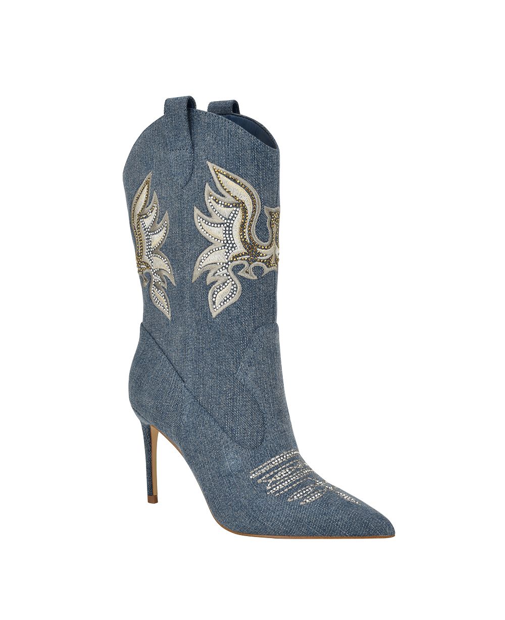 GUESS Women's Rasima Denim Rhinestone Embellished High Heel Western Boots