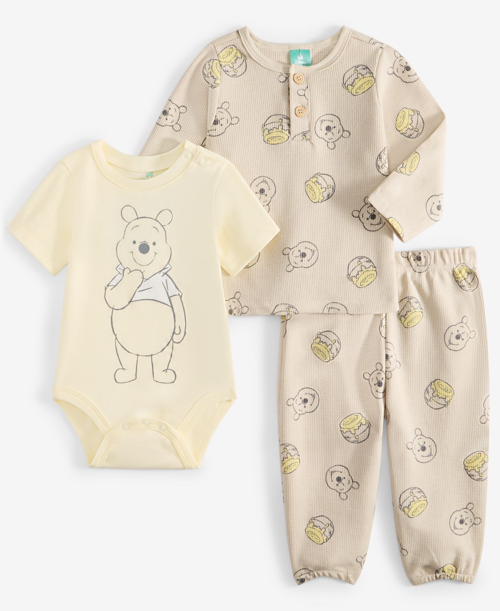 Комплект Disney Baby Boys Winnie-the-Pooh Bodysuit, Thermal Henley Top & Thermal Pants, 3 Piece Set