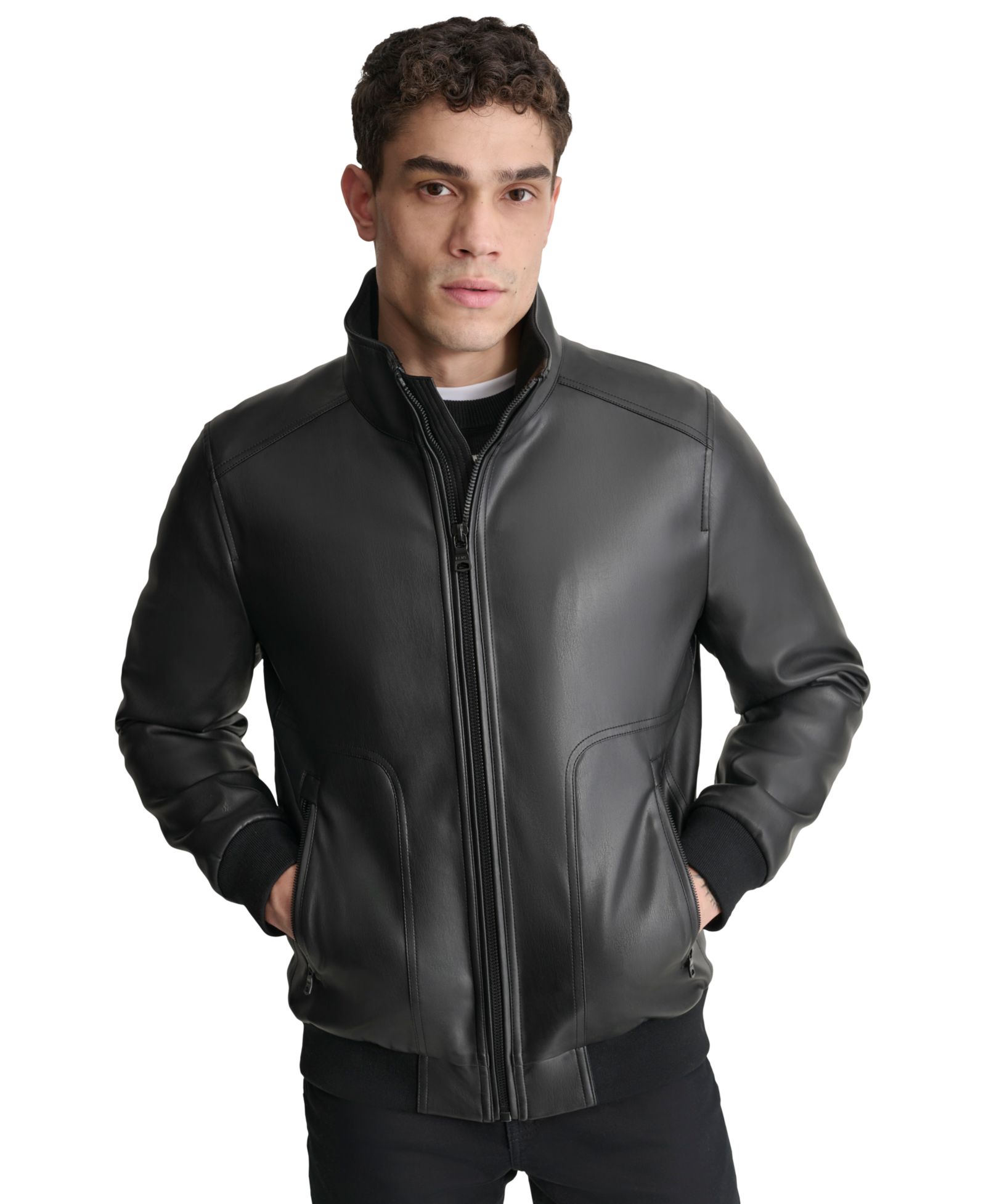 DKNY Men's Smooth Faux-Leather Bomber Jacket