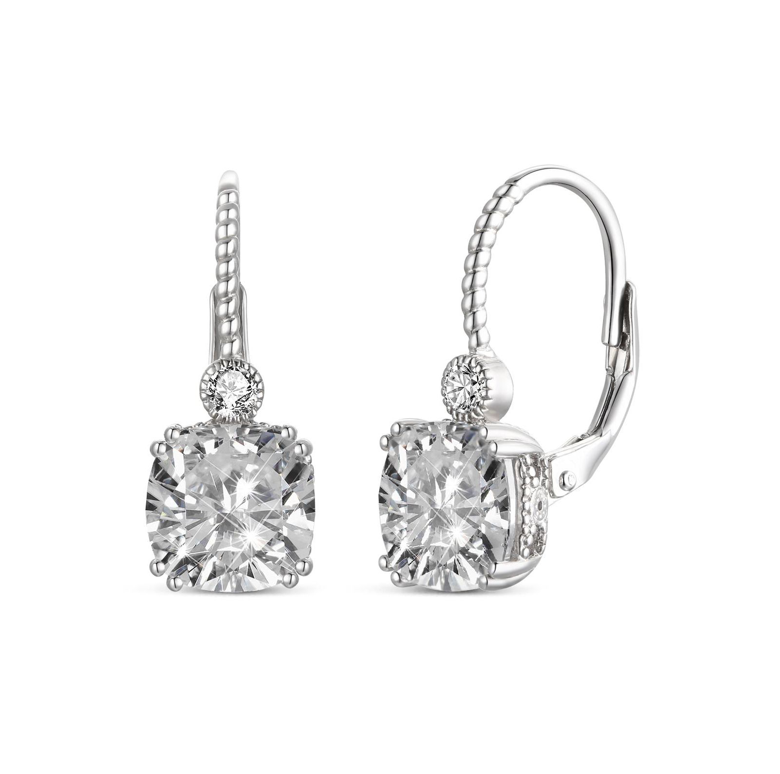 Genevive Серьги Cushion-Cut CZ leverback, White Gold Plated